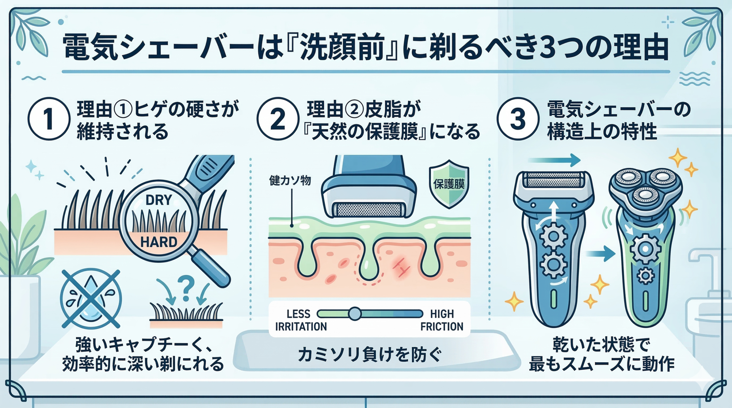 「電気シェーバーは『洗顔前』に剃るべき3つの理由」というタイトルが上部に書かれたインフォグラフィック。
3つの理由は、洗面台のような背景の上に、1、2、3の番号とともに左から右に並んでいる。

1つ目の理由は、ヒゲの硬さが維持されること。
「理由①ヒゲの硬さが維持される」と書かれ、ルーペでヒゲが「DRY（乾燥）」で「HARD（硬い）」であることを示している。
その下には、シェーバーが効率的に深く剃れることを示す、上向きのヒゲとシェーバーのイラスト、そして水滴にバツ印がついたイラストがある。

2つ目の理由は、皮脂が天然の保護膜になること。
「理由②皮脂が『天然の保護膜』になる」と書かれ、肌の表面に「保護膜」と書かれた黄緑色の層がある様子を描いている。
その下に、「カミソリ負けを防ぐ」という文字と、「LESS IRRITATION（刺激が少ない）」から「HIGH FRICTION（摩擦が大きい）」までのスライダーがあり、スライダーのつまみは「LESS IRRITATION」に近づいている。

3つ目の理由は、電気シェーバーの構造上の特性。
「理由③電気シェーバーの構造上の特性」と書かれ、2種類の電気シェーバー（往復式と回転式）のイラストがある。
それぞれのシェーバーの内部には、滑らかに動くことを示す矢印と歯車、そして輝く星のマークが描かれている。
その下に、「乾いた状態で最もスムーズに動作」と書かれている。