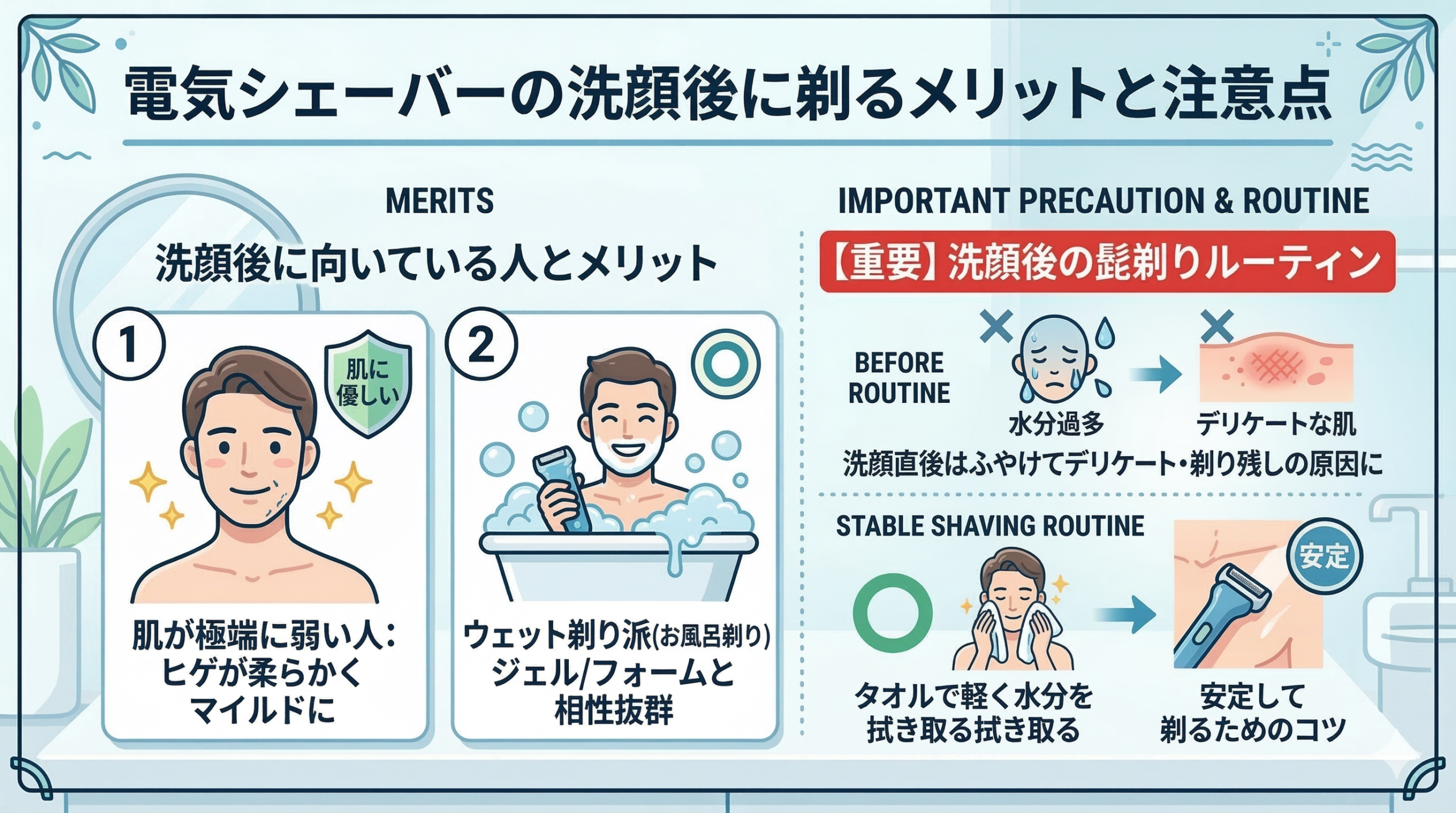 「電気シェーバーの洗顔後に剃るメリットと注意点」というタイトルが上部に書かれたインフォグラフィック。
画面は左側の「MERITS（メリット）」セクションと、右側の「IMPORTANT PRECAUTION & ROUTINE（【重要】洗顔後の髭剃りルーティン）」セクションに分かれている。背景は洗面台や浴室のようなイメージで、緑色の植物や鏡が描かれている。

左側のメリットセクションには、2つの例が挙げられている。
1つ目は、「肌が極端に弱い人」向け。清潔感のある男性のイラストと、緑色の盾に「肌に優しい」と書かれたアイコン、そして「ヒゲが柔らかくマイルドに」という説明文がある。
2つ目は、「ウェット剃り派（お風呂剃り）」向け。バスタブで泡に包まれて剃る男性のイラストと、ジェルやフォームのボトルのイラスト、そして「ジェル/フォームと相性抜群」という説明文がある。

右側のルーティンセクションは、2段階の工程として描かれている。
上段は「BEFORE ROUTINE（NGなルーティン）」。悲しげな表情の男性の頭にバツ印がついた「水分過多」のアイコン、赤く炎症を起こした肌にバツ印がついた「デリケートな肌」のアイコン、そして「洗顔直後はふやけてデリケート・剃り残しの原因に」という説明文がある。
下段は「STABLE SHAVING ROUTINE（安定したルーティン）」。タオルで顔を拭く男性のイラストと、大きな緑色の丸印。その横には、シェーバーで綺麗に剃れた肌と、緑色の丸印の中に「安定」と書かれたアイコン、そして「タオルで軽く水分を拭き取る」「安定して剃るためのコツ」という説明文がある。