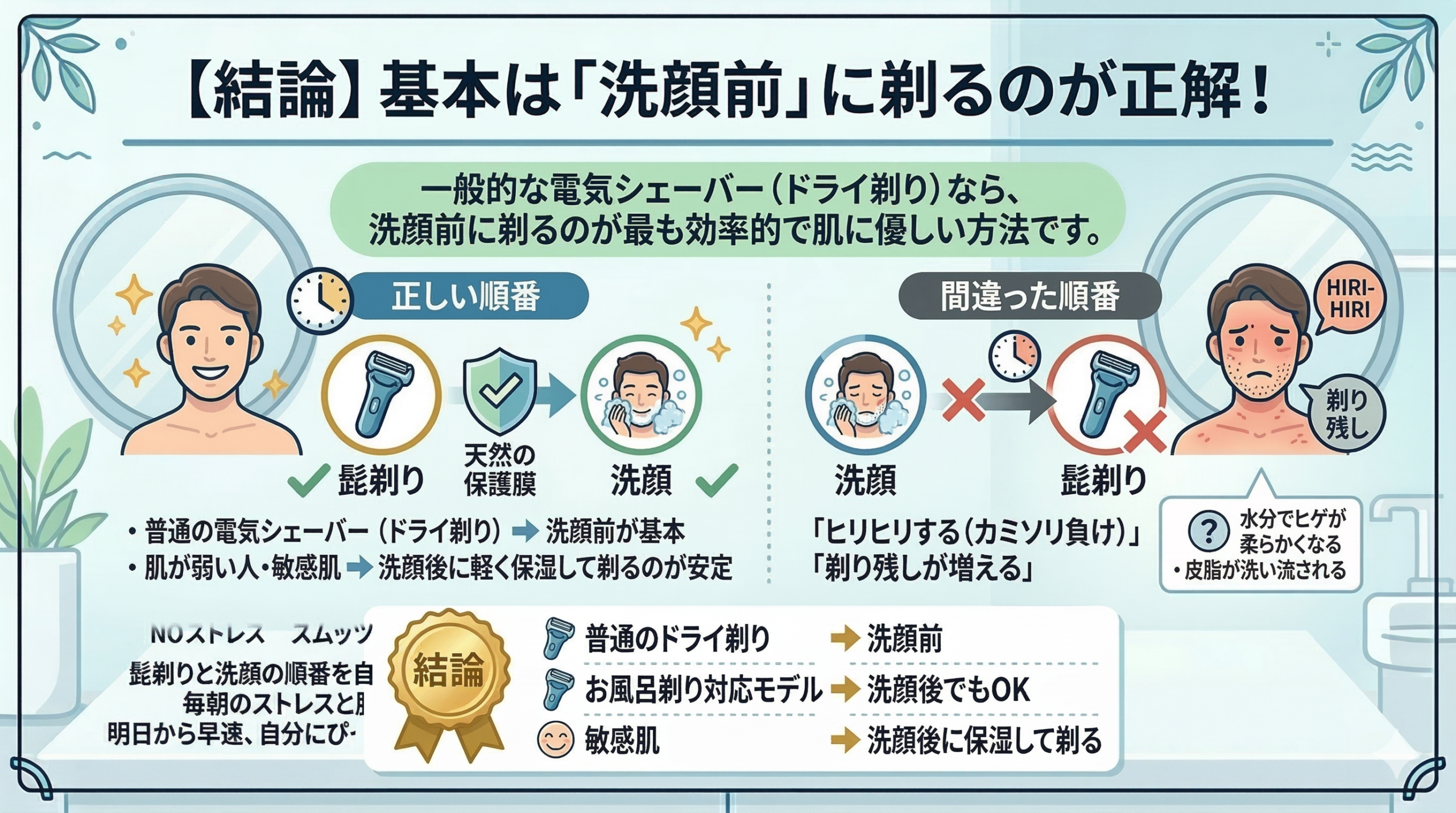 「【結論】基本は「洗顔前」に剃るのが正解！」というタイトルが上部に書かれたインフォグラフィック。
画面中央上部には、緑色の吹き出しで「一般的な電気シェーバー（ドライ剃り）なら、洗顔前に剃るのが最も効率的で肌に優しい方法です。」という説明文がある。背景は清潔感のある洗面台のようなイメージで、緑色の植物や鏡が描かれている。

画面中央で「正しい順番」と「間違った順番」が左右に比較されている。
左側の「正しい順番」には、清潔感のある男性の顔のイラストと、時計、緑色の盾に「天然の保護膜」と書かれたアイコン、そして「髭剃り」から「洗顔」へ向かう矢印がある。その下には、「・普通の電気シェーバー（ドライ剃り）➔洗顔前が基本」「・肌が弱い人・敏感肌➔洗顔後に軽く保湿して剃るのが安定」という説明文がある。
右側の「間違った順番」には、赤く炎症を起こした肌に「ヒリヒリ」という吹き出しがついた男性の顔のイラスト、赤色の盾に「カミソリ負け」と書かれたアイコン、そして「洗顔」から「髭剃り」へ向かうバツ印のついた矢印がある。その下には、「「ヒリヒリする（カミソリ負け）」」「「剃り残しが増える」」という説明文がある。
間違った順番の下部には、疑問符のついたアイコンと日本語で「？水分でヒゲが柔らかくなる」「・皮脂が洗い流される」という説明文がある。

最下部には、金色の勲章のアイコンの中に「結論」と書かれ、日本語で以下の表が示されている。
普通のドライ剃り ➔ 洗顔前
お風呂剃り対応モデル ➔ 洗顔後でもOK
敏感肌 ➔ 洗顔後に保湿して剃る