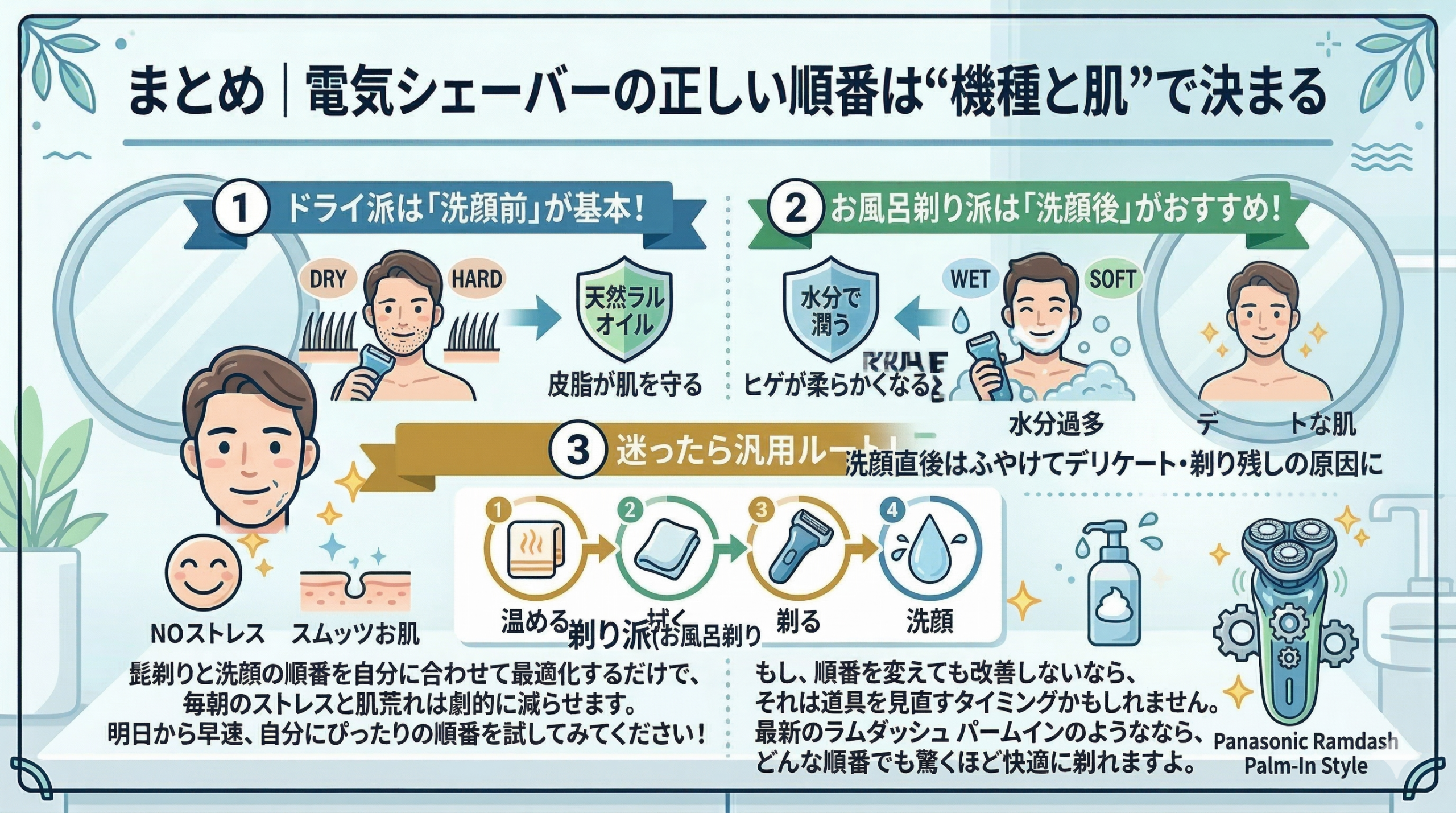 「まとめ｜電気シェーバーの正しい順番は“機種と肌”で決まる」というタイトルが上部に書かれたインフォグラフィック。
画面は大きく3つのセクションに分かれている。背景は清潔感のある洗面台のようなイメージで、緑色の植物や鏡が描かれている。

上段は、剃り方のタイプに合わせた推奨ルート。
左側は「1 ドライ派は「洗顔前」が基本！」。清潔感のある男性の顔のイラストと、硬いヒゲを捕らえる様子が描かれ、緑色の盾に「皮脂が肌を守る」「天然ラルオイル」と書かれたアイコン、そして「DRY」「HARD」という説明文がある。
右側は「2 お風呂剃り派は「洗顔後」がおすすめ！」。泡に包まれた男性がシェーバーを持つイラストと、青色の盾に「水分で潤う」「優しいタッチ」と書かれたアイコン、そして「WET」「SOFT」という説明文がある。
その下には、綺麗に剃れた肌と笑顔の男性のイラストがある。

中段は「3 迷ったら汎用ルート！」。1から4までの工程が円形で示されている。

蒸しタオルで「温める」

タオルで「拭く」

シェーバーで「剃る」

水と泡で「洗顔」
それぞれの工程にはアイコンと日本語の説明文がある。

下段は、全体の結論とアドバイス。
左下には笑顔のアイコンと健康な肌のアイコンがあり、日本語で「髭剃りと洗顔の順番を自分に合わせて最適化するだけで、毎朝のストレスと肌荒れは劇的に減らせます。明日から早速、自分にぴったりの順番を試してみてください！」というアドバイスが書かれている。
右下には、洗顔料のボトルのイラストと、複数の刃を持つ高性能シェーバーのイラストが歯車と星のアイコンとともに描かれ、日本語で「もし、順番を変えても改善しないなら、それは道具を見直すタイミングかもしれません。最新のラムダッシュ パームインのようななら、どんな順番でも驚くほど快適に剃れますよ。」という説明文と、英語で「Panasonic Ramdash Palm-In Style」という製品名が書かれている。