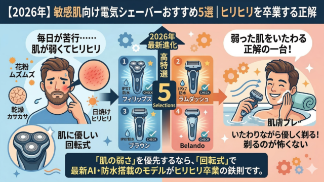 【2026年】敏感肌向け電気シェーバーおすすめ5選｜ヒリヒリを卒業する正解」というタイトルの付いた画像。左側には、肌荒れに悩む男性のイラストと、肌に優しい「回転式」のシェーバーが紹介されている。右側には、お風呂で快適にヒゲを剃る男性のイラストと、肌をいたわる「防水設計」のシェーバーが紹介されている。 中央には、「2026年最新進化高特選5Selections」という見出しとともに、おすすめのシェーバー5選（フィリップス、ラムダッシュ、ブラウン、Belando、5つ目は製品名なし）がアイコンとともに記載されている。下部には、「結論：『肌の弱さ』を優先するなら、『回転式』で最新AI・防水搭載のモデルがヒリヒリ卒業の鉄則です」というテキストが表示されている。全体的に明るい雰囲気で、初心者にも分かりやすいデザインになっている。