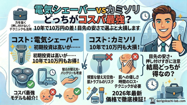 電気シェーバーとカミソリのコストパフォーマンスを比較するインフォグラフィック。上部に「電気シェーバーvsカミソリ どっちがコスパ最強？ 10年で10万円の差！目先の安さで選ぶと大損します」とあり、右側にサムズアップする笑顔のビジネスマンとシティスケープ。左側に「コスト：電気シェーバー 初期投資は高いが…… 10年で10万円もお得！コスパ最強モデルも紹介！」、右側に「コスト：カミソリ 10年で10万円も大損！目先の安さ・押し付けすぎに注意 結局どっちが得なの？」をイラストで図解。コスト、肌への優しさ、時間（テクニック、替え刃交換、肌トラブルリスクなど）の観点から、2026年最新価格で徹底検証している。中央に「VS」のロゴ。右下に「Sorigokochi-lab.com」のロゴ。