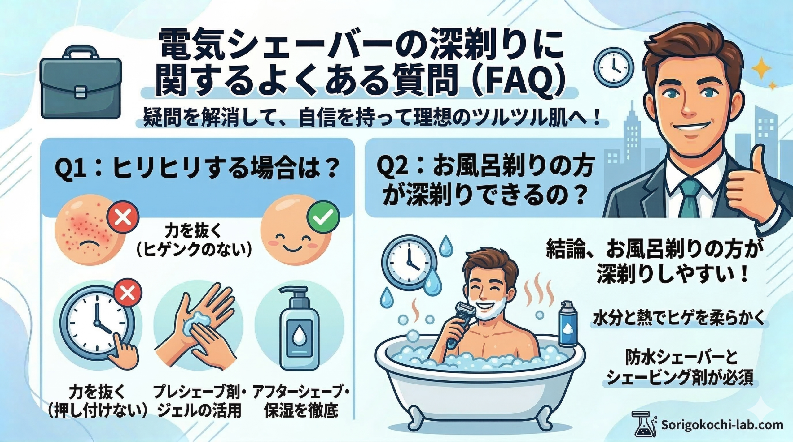 電気シェーバーの深剃りに関するよくある質問（FAQ）をまとめたインフォグラフィック。上部に「電気シェーバーの深剃りに関するよくある質問 (FAQ) 疑問を解消して、自信を持って理想のツルツル肌へ！」とあり、右側にサムズアップする笑顔のビジネスマンとシティスケープ。左側に「Q1：ヒリヒリする場合は？」と対策（力を抜く、プレシェーブ剤・ジェルの活用、アフターシェーブ・保湿を徹底）をイラストで図解。右下に「Q2：お風呂剃りの方が深剃りできるの？」と解説（お風呂剃りのメリット、ただし防水シェーバーとシェービング剤が必須）をイラストで図解。右下に「Sorigokochi-lab.com」のロゴ。