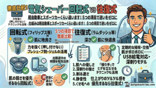 電気シェーバーの回転式と往復式を比較するインフォグラフィック。上部に「徹底比較！電気シェーバー 回転式vs往復式 仕組みは軽自動車とスポーツカーくらい違います！5つの項目で迷いをゼロに」とあり、右側にサムズアップする笑顔のビジネスマンとシティスケープ。左側に「回転式（フィリップス等）」、右側に「往復式（ラムダッシュ等）」をイラストで図解。回転式は肌への優しさ、静音性、くせ毛対応、往復式は深剃りの強さ、剃る速さ、濃いヒゲ対応に優れる。コスト（替えの替え刃・バッテリーも考慮）、時間のロス、肌トラブル（肌がボロボロに……）リスクの観点から比較している。中央に「VS」のロゴ。右下に「Sorigokochi-lab.com」のロゴ。適当に選ぶと後悔！肌の弱さを優先するなら回転式！仕上がりのツルツル感を優先するなら往復式！と呼びかけている。