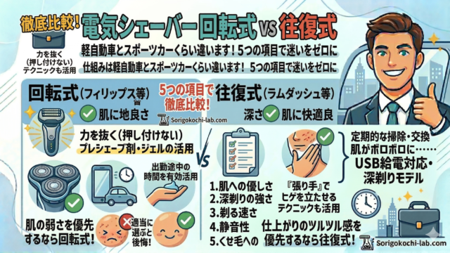 電気シェーバーの回転式と往復式を比較するインフォグラフィック。上部に「徹底比較！電気シェーバー 回転式vs往復式 仕組みは軽自動車とスポーツカーくらい違います！5つの項目で迷いをゼロに」とあり、右側にサムズアップする笑顔のビジネスマンとシティスケープ。左側に「回転式（フィリップス等）」、右側に「往復式（ラムダッシュ等）」をイラストで図解。回転式は肌への優しさ、静音性、くせ毛対応、往復式は深剃りの強さ、剃る速さ、濃いヒゲ対応に優れる。コスト（替えの替え刃・バッテリーも考慮）、時間のロス、肌トラブル（肌がボロボロに……）リスクの観点から比較している。中央に「VS」のロゴ。右下に「Sorigokochi-lab.com」のロゴ。適当に選ぶと後悔！肌の弱さを優先するなら回転式！仕上がりのツルツル感を優先するなら往復式！と呼びかけている。