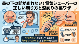 鼻の下の髭が剃れない！電気シェーバーの正しい剃り方と深剃りの裏ワザ」というタイトルの付いた画像。左側には、鏡を見て剃り残しに気づく男性のイラストと、剃り残しの原因として「ヘッドの大きさ」が挙げられている。右側には、鼻の下のヒゲを剃るコツがイラストとともに紹介されている。 コツとして、「10秒でツルツル」「二年の楯いホイル角度」「皮膚プレップ」「手術ク」「結果！」といったテキストとアイコンが記載されている。中央下部には、「【まとめ】『小回り不足』を解決して、鼻の下を『10秒でツルツル』にする裏ワザを大公開！」というテキストが表示されている。全体的に明るい雰囲気で、初心者にも分かりやすいデザインになっている。