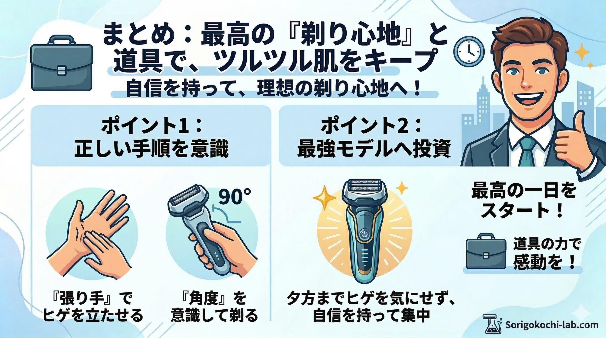 「Sorigokochi-lab.com」のロゴを冠したインフォグラフィック形式のまとめ画像。上部に「まとめ：最高の『剃り心地』と道具で、ツルツル肌をキープ。自信を持って、理想の剃り心地へ！」とあり、右側にサムズアップする笑顔のビジネスマンとシティスケープ。左側に「ポイント1：正しい手順を意識（『張り手』でヒゲを立たせる、90度の角度を意識）」と「ポイント2：最強モデルへ投資（道具の力で感動を！）」の2つのパネルが並び、それぞれアイコンとテキストで解説。下部に「夕方までヒゲを気にせず、自信を持って集中」と「最高の明日をスタート！」のメッセージとビジネスバッグ、時計のアイコン。右下に「Sorigokochi-lab.com」のロゴとラボ風のアイコン。