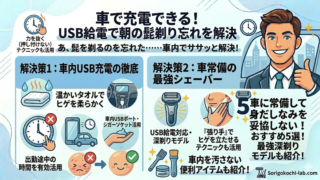 車内での髭剃りをテーマにしたインフォグラフィック。上部に「車で充電できる！USB給電で朝の髭剃り忘れを解決 あ、髭を剃るのを忘れた……車内でササッと解決！」とあり、右側にサムズアップする笑顔のビジネスマンとシティスケープ。左側に「解決策1：車内USB充電の徹底（車内USBポート・シガーソケット活用、出勤途中の時間を有効活用）」、右側に「解決策2：車常備の最強シェーバー（USB給電対応・深剃りモデル、『張り手』でヒゲを立たせるテクニックも活用、車内を汚さない便利アイテムも紹介！）」をイラストで図解。下部に「車に常備して身だしなみ！車に常備して身だしなみを妥協しない！おすすめ5選！最強深剃りモデルも紹介！」のメッセージとビジネスバッグ、時計のアイコン。右下に「Sorigokochi-lab.com」のロゴ。