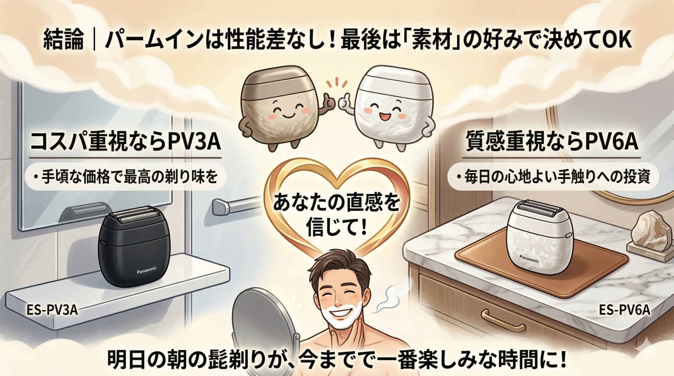 パナソニックの電気シェーバー「ラムダッシュ パームイン」の比較図。上部に「性能差なし！最後は素材の好みで決めてOK」と書かれ、左側には黒色のコスパ重視モデルES-PV3A、右側には白の大理石調質感重視モデルES-PV6Aが配置されている。中央にはハートマークと「直感を信じて！」のメッセージ、下部には朝の髭剃りを楽しむ男性のイラストがある。