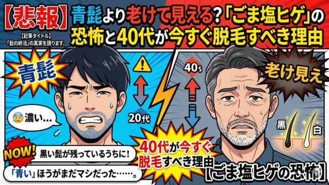 左側に青髭で悩む20代男性、右側に白髪混じりのごま塩ヒゲで老けて見える40代男性を配置した、漫画風のブログ用アイキャッチ画像。「【悲報】青髭より老けて見える？『ごま塩ヒゲ』の恐怖と40代が今すぐ脱毛すべき理由」という大きなタイトルが上部にあり、「黒い髭が残っているうちに！」「『青い』ほうがまだマシだった……。」といったテキストが配置され、クリックを促すインパクトのあるデザイン。