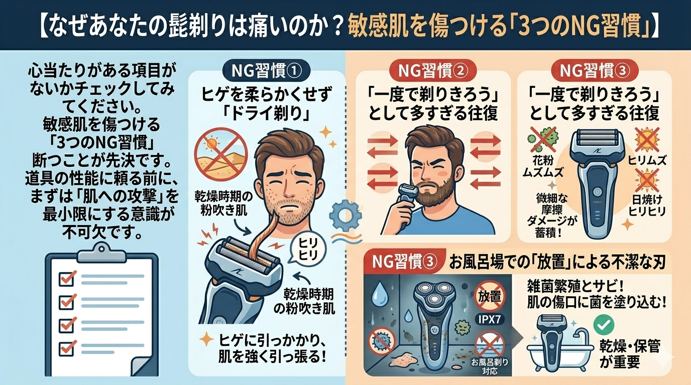 なぜあなたの髭剃りは痛いのか？敏感肌を傷つける『3つのNG習慣』」というタイトルの付いた画像。左側にはチェックリストのイラストがあり、「心当たりがある項目がないかチェックしてみてください。敏感肌を傷つける『3つのNG習慣』断つことが先決です。道具の性能に頼る前に、まずは『肌への攻撃』を最小限にする意識が不可欠です」と記載されている。

中央から右側にかけて、3つのNG習慣がイラストとともに紹介されている。
「NG習慣① ヒゲを柔らかくせず『ドライ剃り』」では、乾燥した肌にシェーバーを当て、ヒゲが引っかかって肌を強く引っ張る様子が描かれている。「乾燥時期の粉吹き肌」という吹き出しがある。
「NG習慣② 『一度で剃りきろう』として多すぎる往復」では、何度も同じ場所を往復させることで、微細な摩擦ダメージが蓄積される様子が描かれている。
「NG習慣③ お風呂場での『放置』による不潔な刃」では、お風呂場に放置されたシェーバーに雑菌やサビが発生し、肌の傷口に菌を塗り込んでいる様子が描かれている。「雑菌繁殖とサビ！肌の傷口に菌を塗り込む！」という吹き出しがあり、下部には「乾燥・保管が重要」と記載されている。
全体的に、青とピンクを基調とした、分かりやすいイラスト付きのデザインになっている。