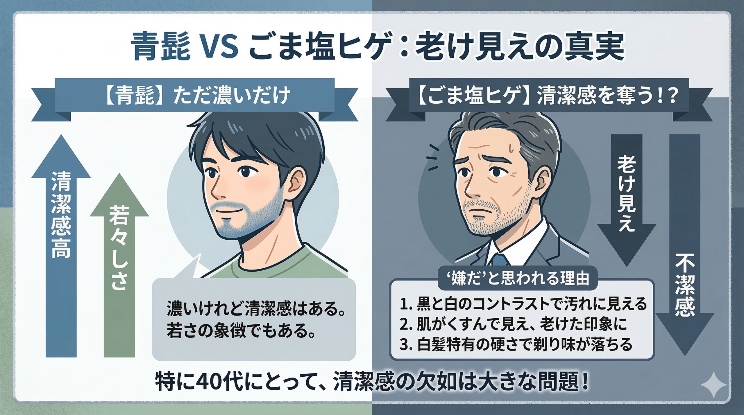 青髭とごま塩ヒゲの印象の違いを比較したインフォグラフィック。左側は青髭の男性で「清潔感高」「若々しさ」の矢印と「濃いけれど清潔感はある。若さの象徴でもある。」という説明がある。右側はごま塩ヒゲの40代男性で「老け見え」「不潔感」の矢印と、嫌だと思われる理由（1.黒と白のコントラストで汚れに見える、2.肌がくすんで見え、老けた印象に、3.白髪特有の硬さで剃り味が落ちる）が挙げられている。下部には「特に40代にとって、清潔感の欠如は大きな問題！」と書かれている。